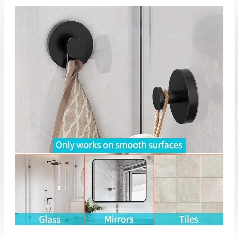 NEW 2 Pk Suction Cup Hooks Shower Bathroom Hanging Mount Matte Black